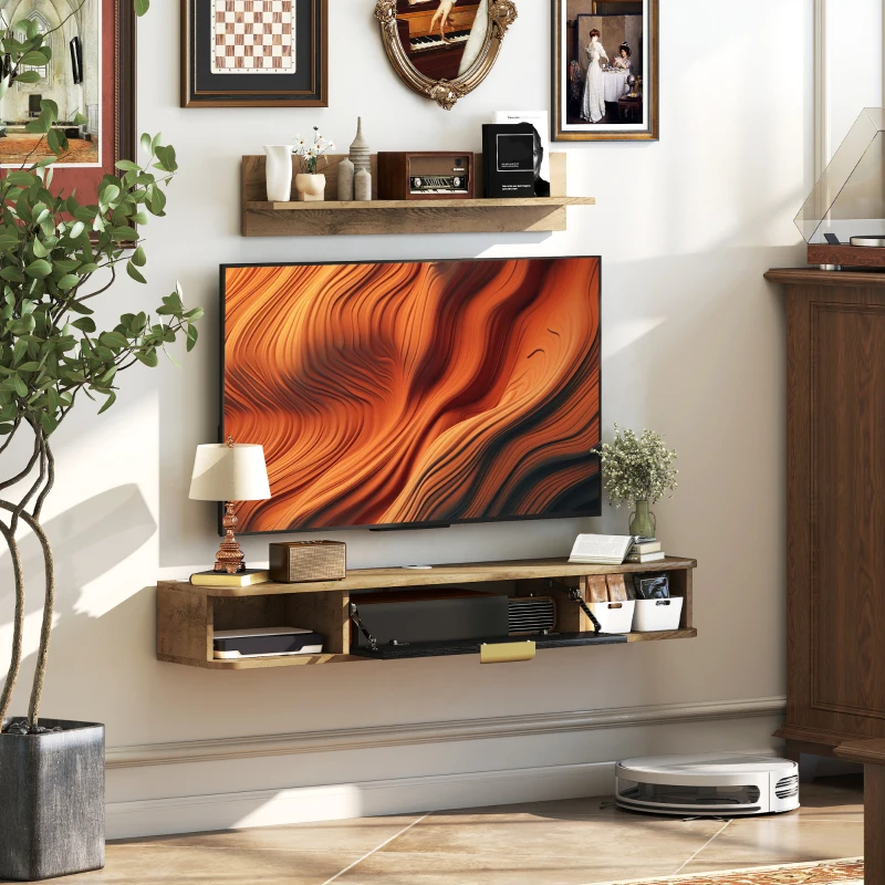 HOMCOM Móvel de TV Sala de Estar com Prateleira de Parede Armário Orifícios para Cabos para Televisão de Parede 120x24x16 cm Carvalho