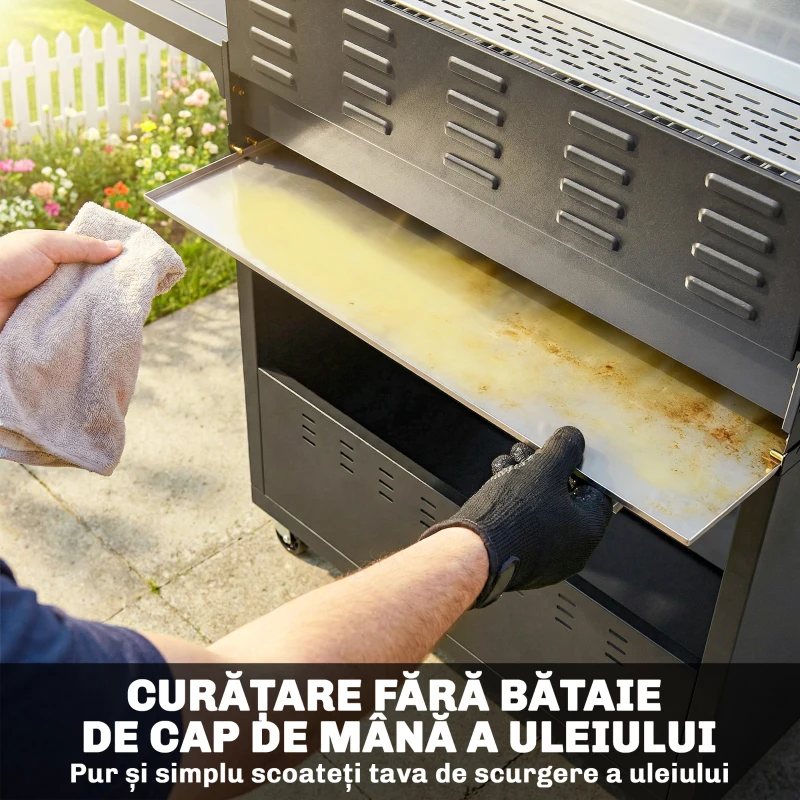 Outsunny Grătar pe Gaz, 6 Arzătoare, Arzător Lateral, Grilaj din Fontă, Dulap Inclus