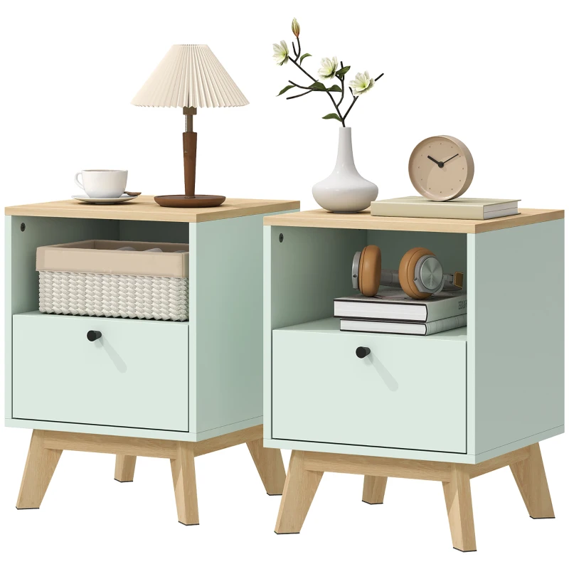 HOMCOM Modern Nightstand Set of 2, Bedside Table with Drawer and Open Shelf, Side End Table for Bedroom, Light Green