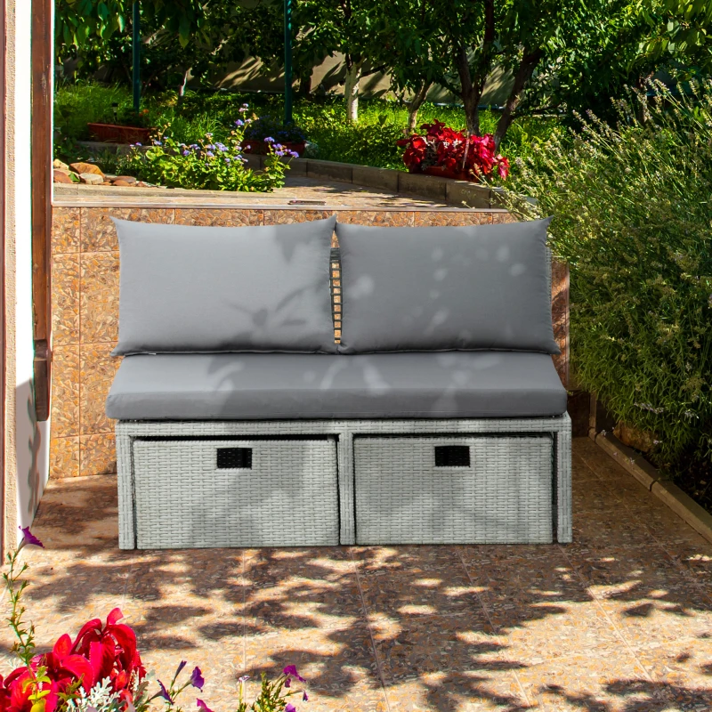 Outsunny Ensemble salon de jardin 3 places 3 pièces - canapé 2 places, pouf, coffre rangement - 4 coussins inclus - résine tressée imitation rotin gris