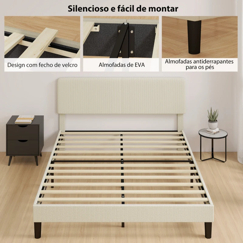 HOMCOM Cama 160x200 cm com Cabeceira Ajustável Estofada em Bombazina Ripas de Madeira Montagem Fácil Cinza Claro