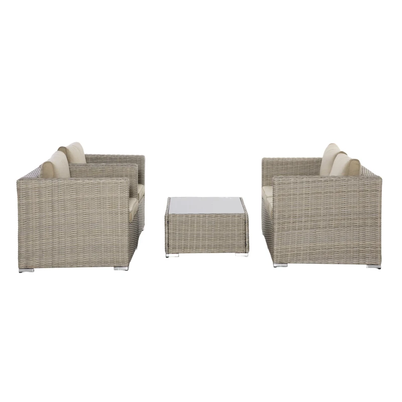 Outsunny Set Mobila de Gradina 4 Piese din Ratan PE, Salon de Exterior cu 1 Canapea, 2 Fotolii, 1 Masuta si  Perne Detasabile si Lavabile, Kaki si Bej