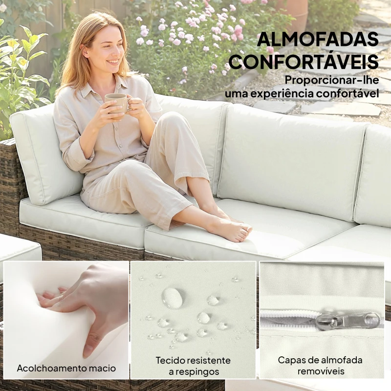 Outsunny Conjunto de Jardim Exterior de Rattan de 6 Peças com Cadeira de Canto, 2 Cadeiras sem Braços, Apoio para Pés e Mesa, Amarelo