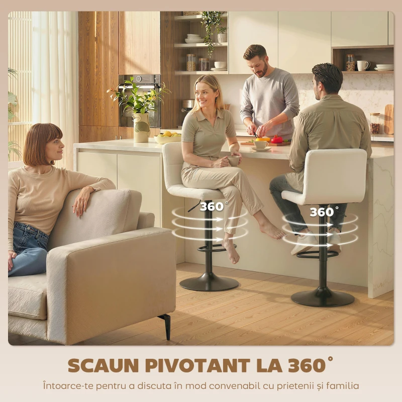 HOMCOM Set 2 Scaune de Bar Reglabile cu Suport pentru Picioare, din Piele PU și Oțel, 39,5x44x88-110 cm, Crem