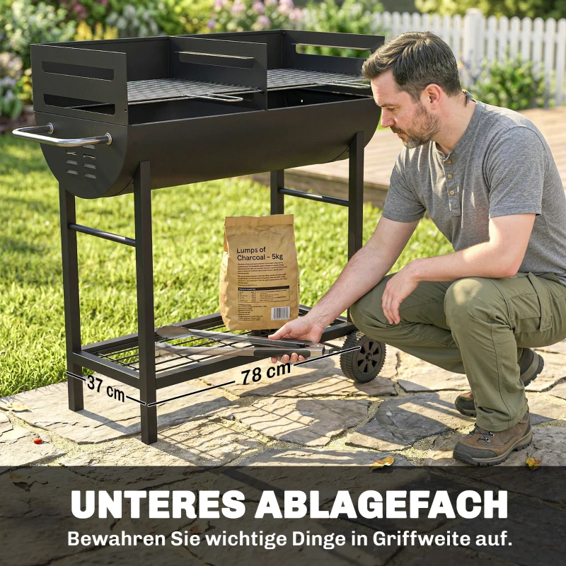 Outsunny Houtskoolgrill grillwagen met 2 grillzones in hoogte verstelbaar grillrooster houtopslag wielen zijgreep, 103 x 46,5 x 100cm