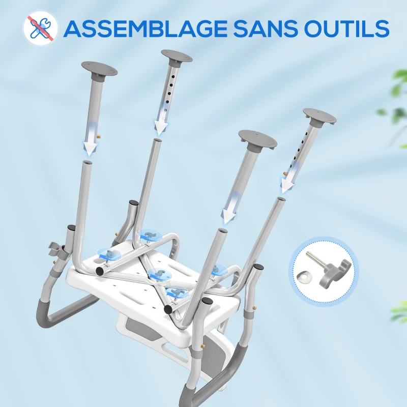 HOMCOM Tabouret de douche chaise de douche ergonomique hauteur réglable pieds antidérapants 56,5 x 53,5 x 87 cm blanc et gris