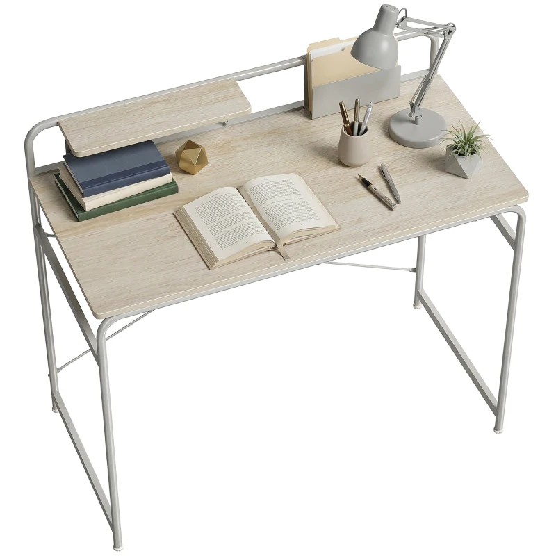 HOMCOM Masă de birou modernă cu raft și structură metalică, montaj ușor 98x48x88,5 cm stejar