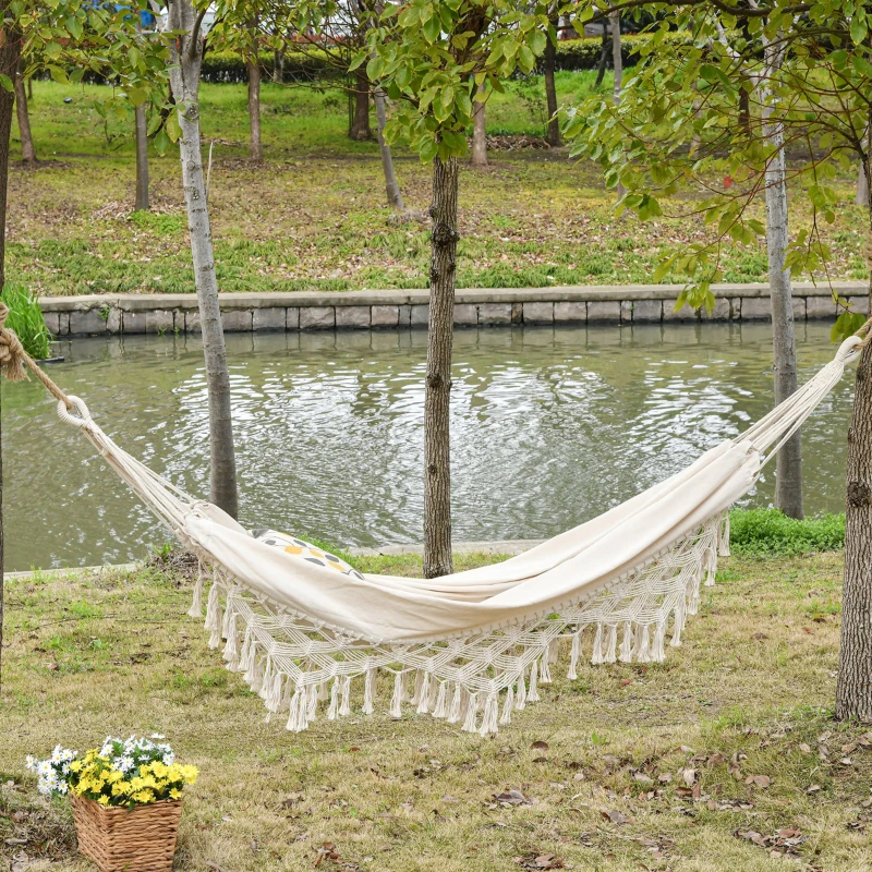 Outsunny Cama de Rede Suspensa 288x150 cm de Algodão com Bolsa de Transporte Capacidade 180 kg para Pátio Terraço Campismo Creme