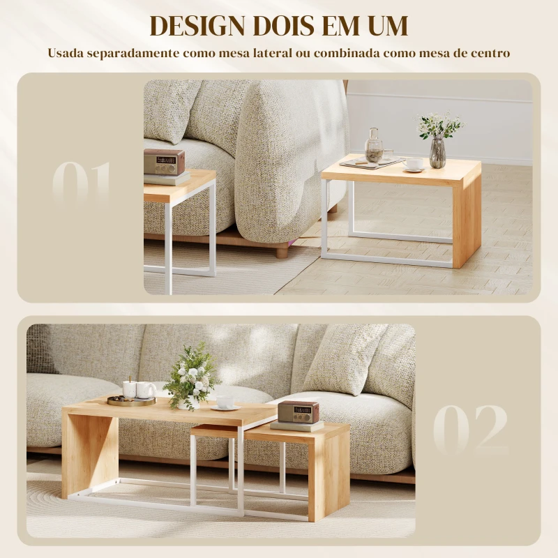 HOMCOM Conjunto de 2 Mesas de Centro com Pés de Metal Estilo Industrial 90x48x42 cm e 59x42x36 cm Branco e Madeira