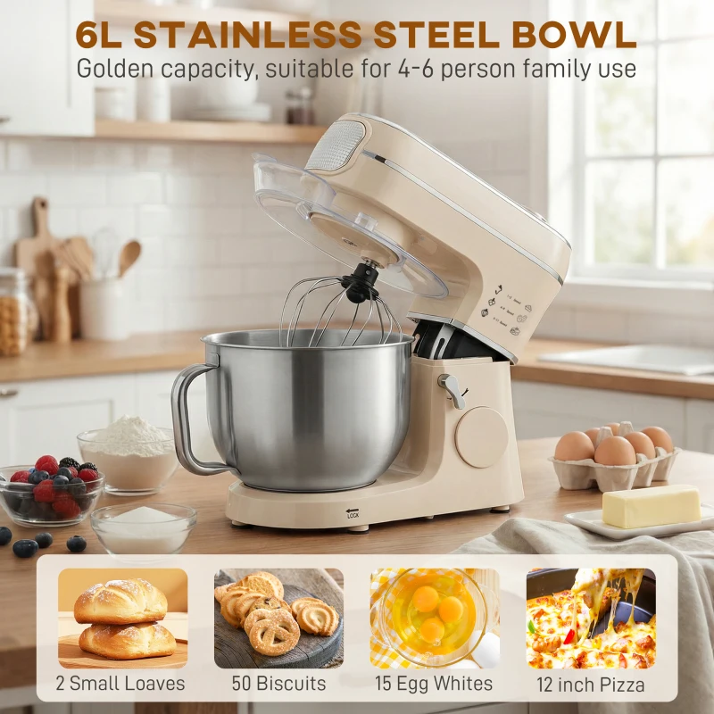 HOMCOM Stand Mixer, 6L 1400W Tilt-Head Food Mixer with 11 Speeds, Pulse & Fermentation Function, LED Display, Cream