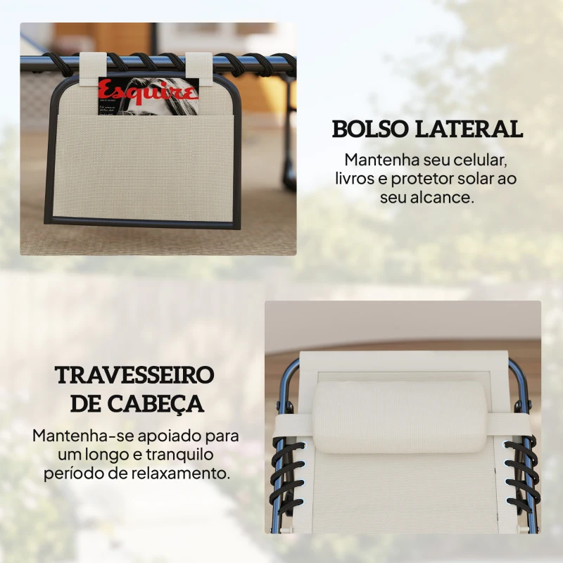 Outsunny Conjunto de 2 Espreguiçadeiras Jardim Dobráveis com Apoio de Cabeça e Encosto Reclinável em 5 Posições 200x57x38 cm Creme