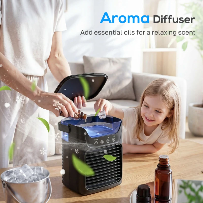 HOMCOM Air Cooler with Adjustable Head, Portable Air Conditioner with 3 Wind Speed, 2 Cool Mist, RGB Light, Black