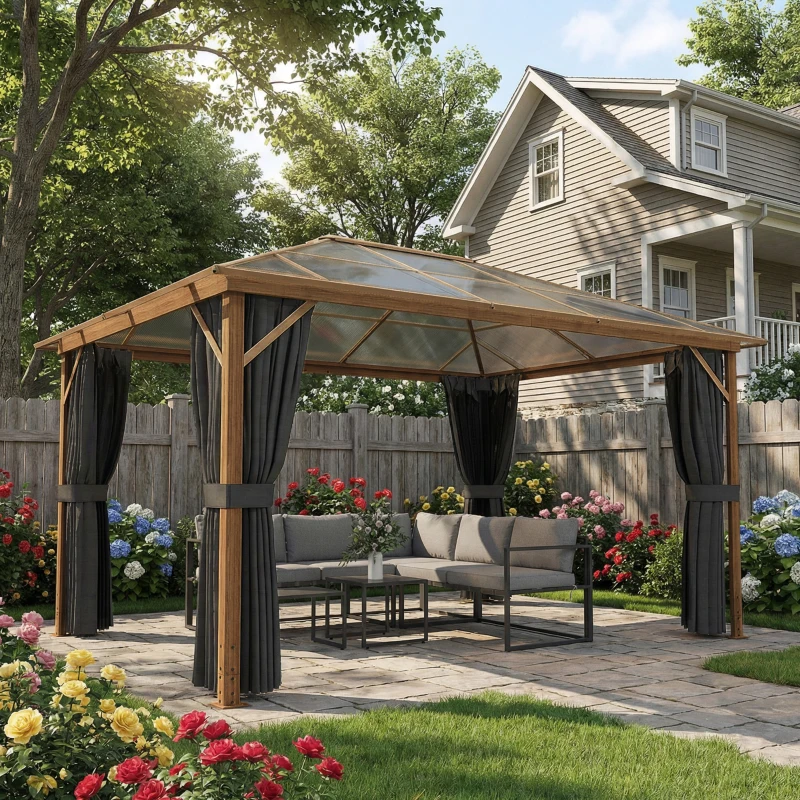 Outsunny Gartenpavillon ca. 4x3m Aluminium Pavillon mit Polycarbonat-Dach 6 mm Moskitonetz 4 Seitenteile Holzoptik Naturholz