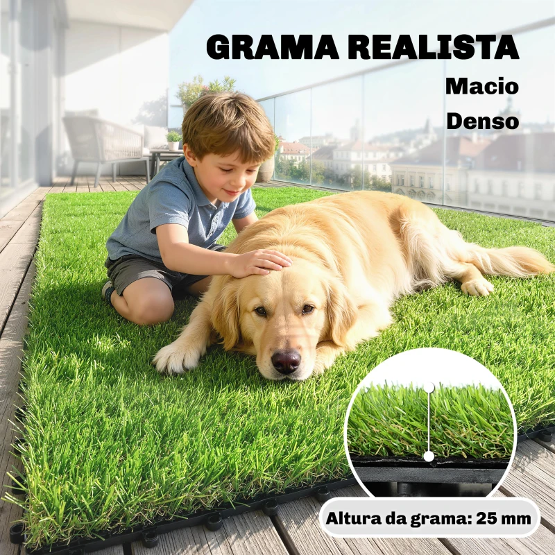 Outsunny Relva Sintética de 22 Peças Tapete Relva Artificial 30x30 cm com Altura de Relva 25 mm Drenagem Automática Verde