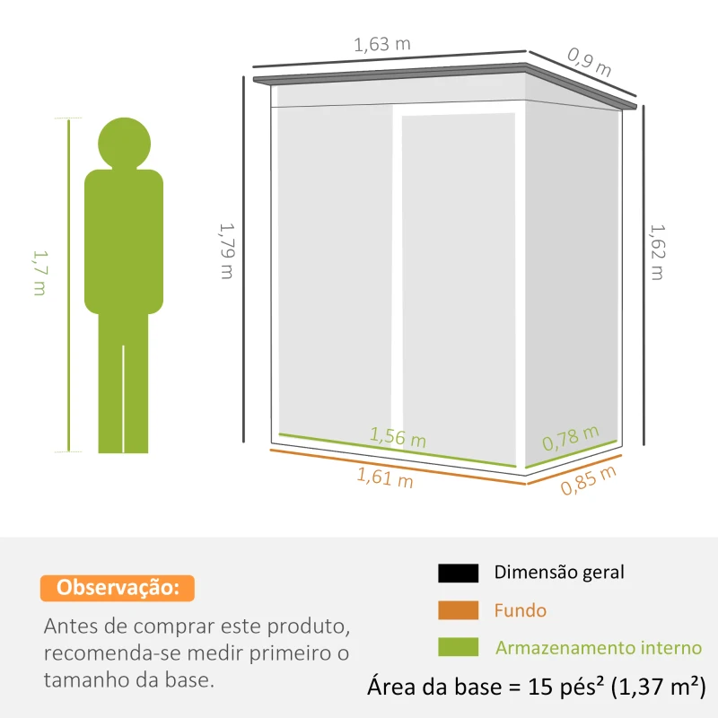 Outsunny Abrigo de Jardim Exterior 1,37 m² 163x90x179 cm com Porta com Fechadura e Grelhas de Ventilação Verde