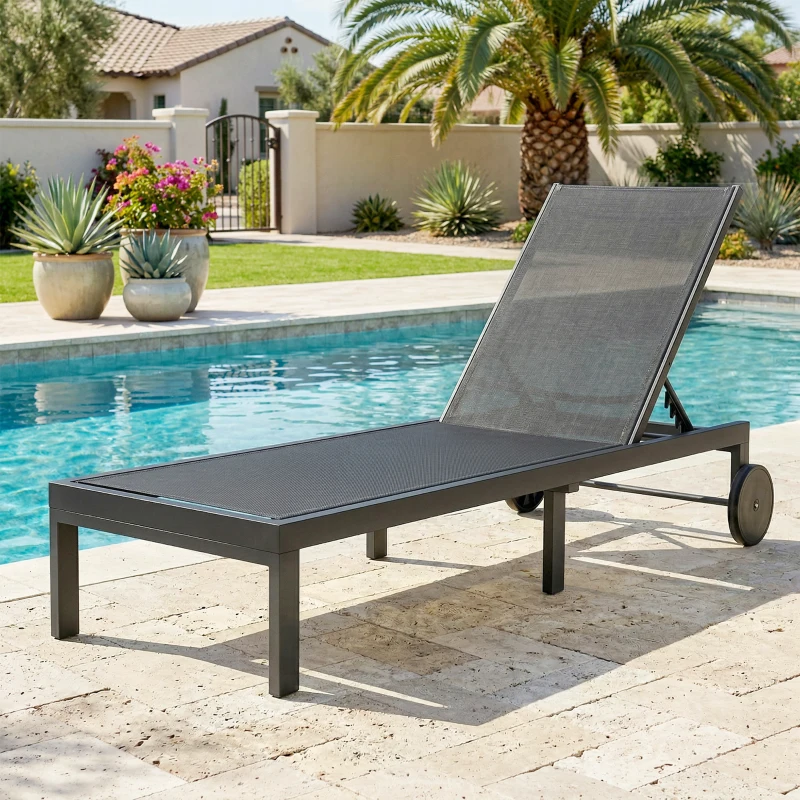 Outsunny Tumbona transpirable para jardín con respaldo regulable 6 posiciones, ruedas, armazón de aluminio