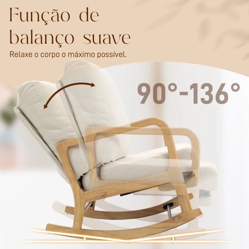 HOMCOM Poltrona Baloiço com Encosto Ajustável de Veludo Cotelê Nórdica Pés de Madeira Braços Almofada Lombar 70x89x97,5 cm Creme