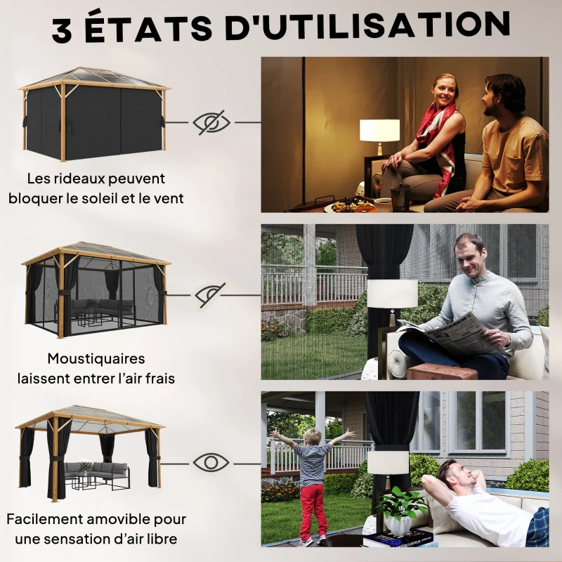 Outsunny Tonnelle de Jardin Pavillon Extérieur Aspect Bois Toit Rigide en Polycarbonate UV50+ Imperméable 398x298x262cm Naturel