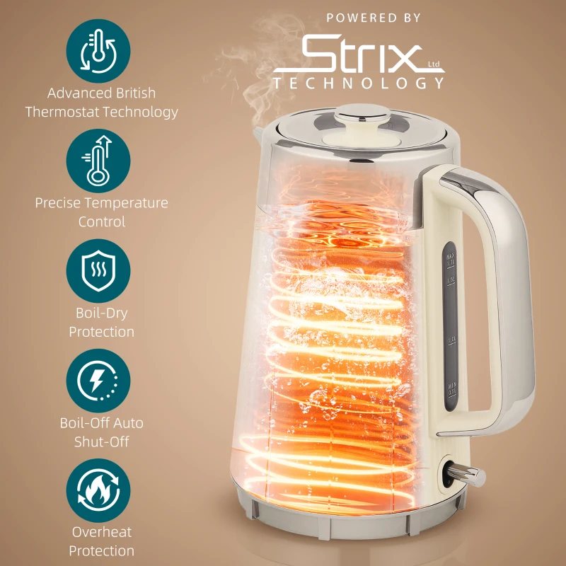 HOMCOM Electric Stainless Steel Kettle and Toaster Set, 3000W 1.7L UK Strix Thermostat Fast Boil Kettle w/ Limescale Filter, Cool Touch Body, 4 Slice Toaster with 7 Browning Levels, Cream White