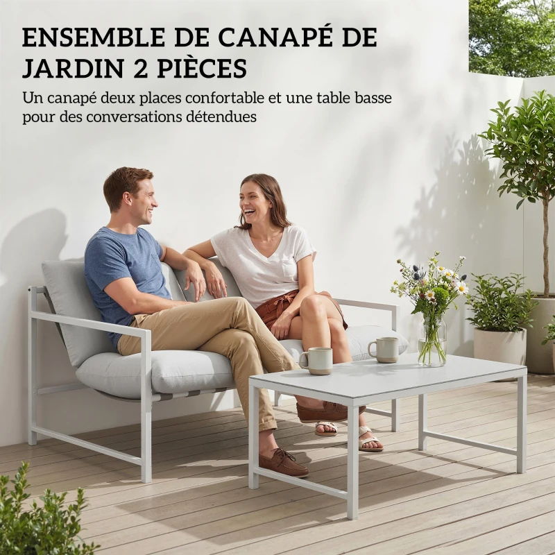 Outsunny Salon de Jardin Extérieur 2 Pièces, Canapé avec Coussins, Table Basse en Verre Trempé Marbré 3D, 125x80x64cm, Gris Clair