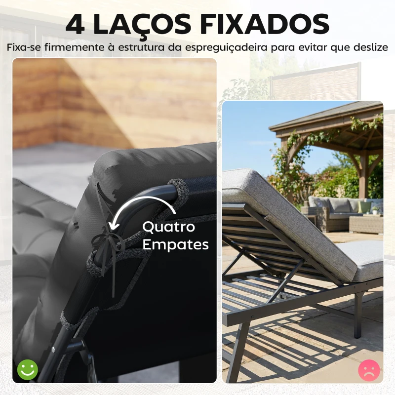 Outsunny Conjunto de 2 Almofadas para Espreguiçadeiras 180x55 cm Almofadas para Cadeiras de Jardim Espessas UPF30+ com 4 Tiras Cinza Escuro