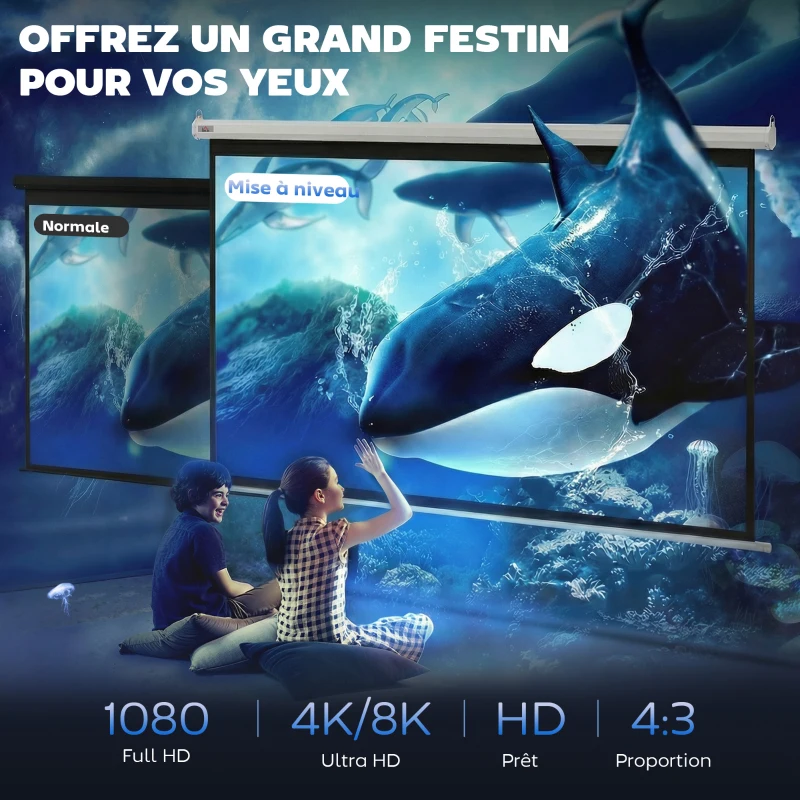 HOMCOM Écran vidéoprojecteur 84 Pouces, 4:3 4K HD écran de projection motorisé et électrique, écran de projection tv et home cinéma, montage mural ou plafond, panneau de commande et télécommande(m-4)