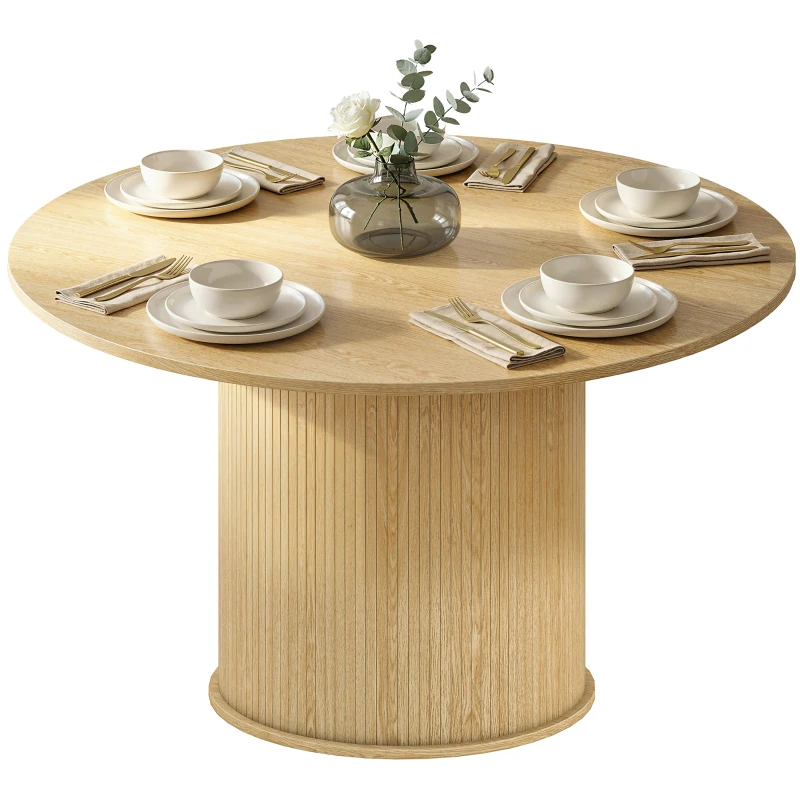 HOMCOM Tavolo rotondo da cucina per 5 persone, base cilindrica cannelata, 120x120x75 cm, Legno naturale