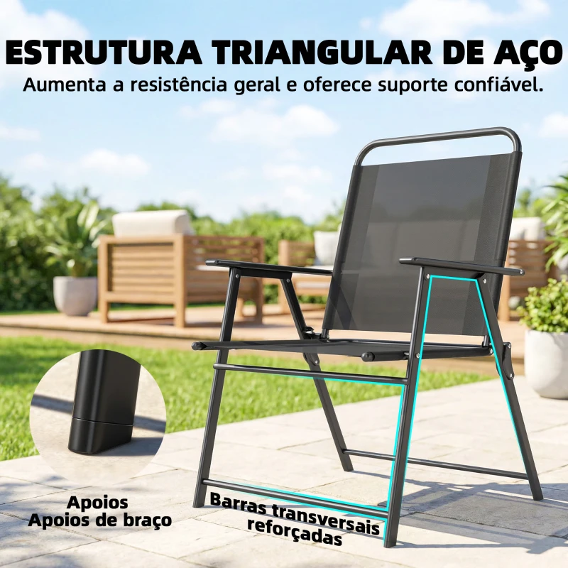 Outsunny Conjunto de 4 Cadeiras de Jardim Dobráveis com Encosto Alto e Apoios de Braços Tecido Textilene Respirável Preto