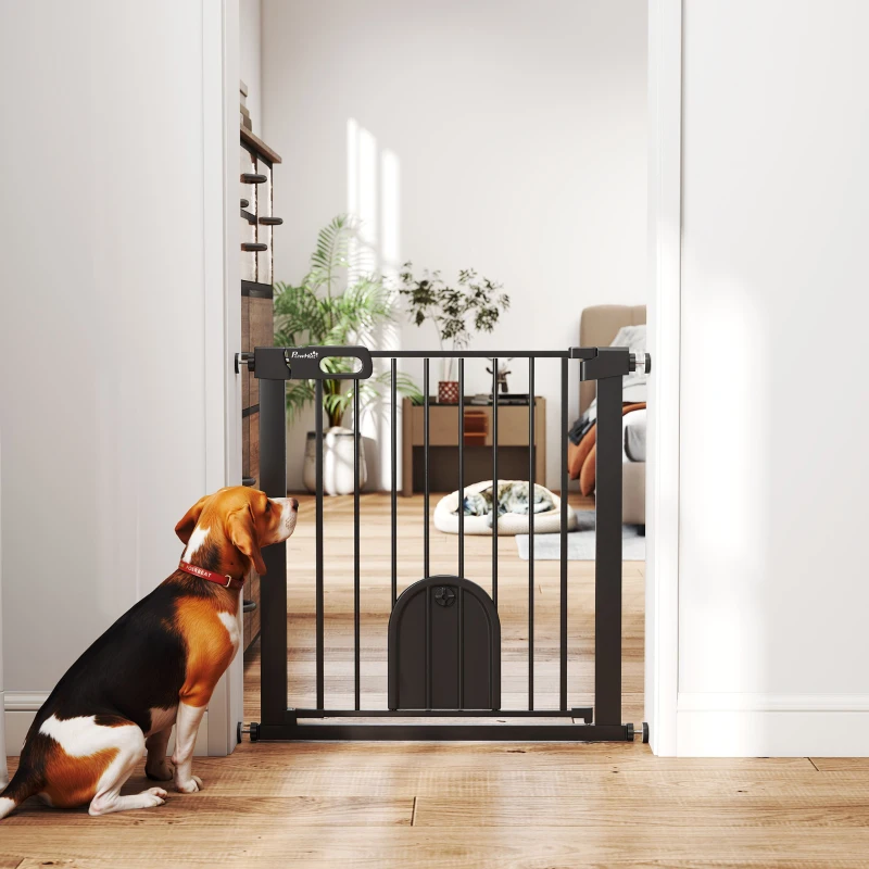PawHut Dog Gate with Cat Flap Pet Safety Gate Barrier, Stair Pressure Fit, Auto Close, Double Locking, for Doorways, Hallways, 75-82 cm Black