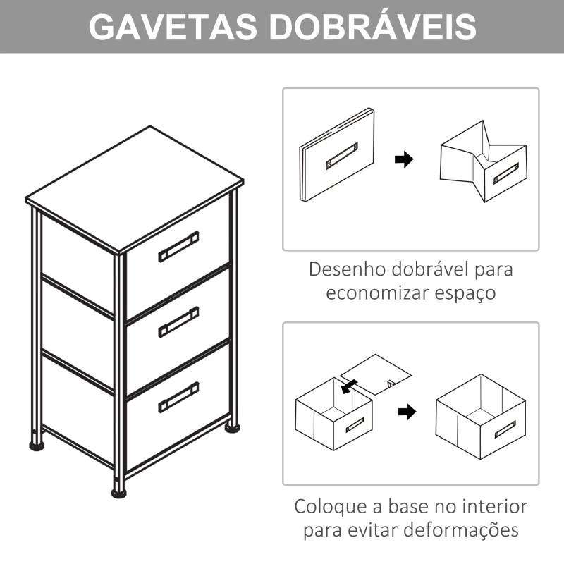 HOMCOM Mesa de Cabeceira com 3 Gavetas de Tecido para Dormitório Sala de Estar Corredor 45x30x71 cm Cinza e Branco