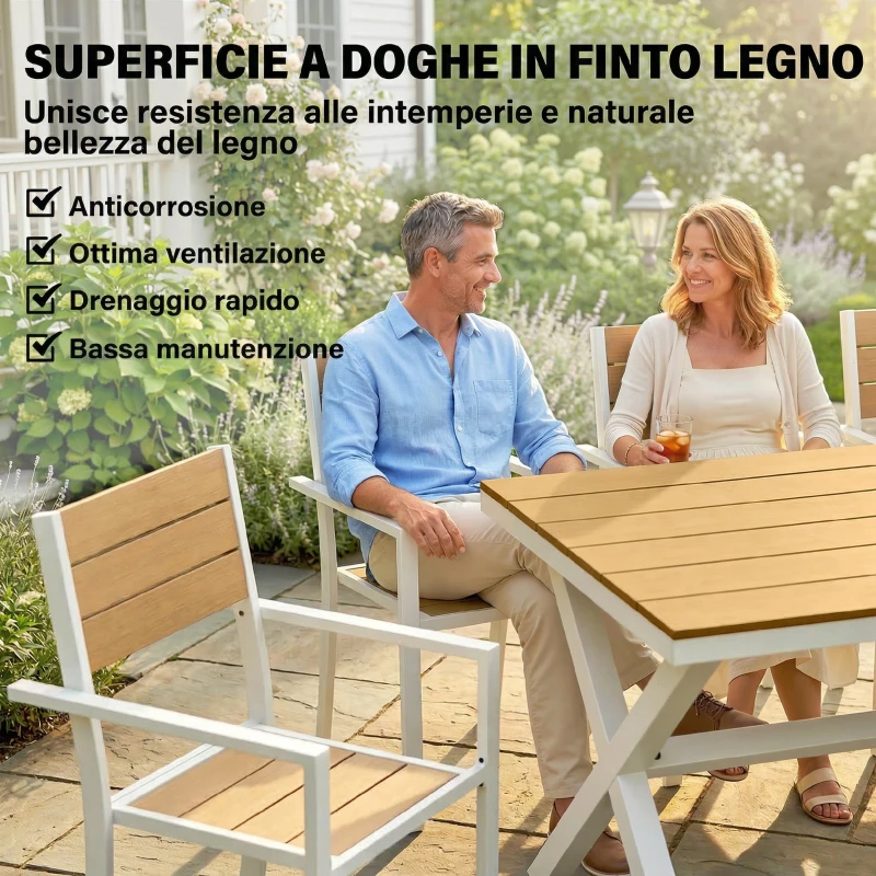 Outsunny Set da Pranzo Esterno 7 Pezzi con Tavolo e 6 Sedie Impilabili con Braccioli in Alluminio, Teak