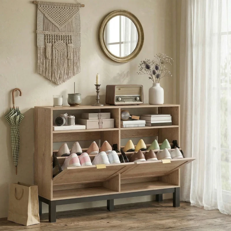 HOMCOM Shoe Cabinet with 2 Flip Drawers, Narrow Shoe Storage Top for Entryway Hallway, Walnut Brown