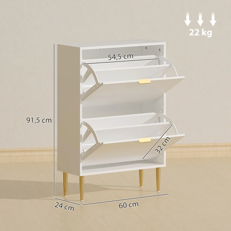 HOMCOM Meuble à chaussures 12 paires avec 2 tiroirs rabattables, portes cannelées et étagères réglables, 60x24x91,5cm, blanc
