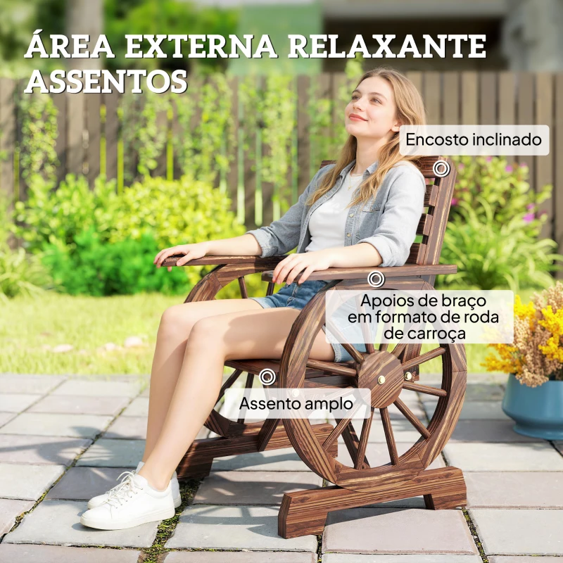 Outsunny Banco de Jardim em Madeira com Braços de Roda de Carro Assento Largo com Ripas e Encosto Inclinado Carbonizado