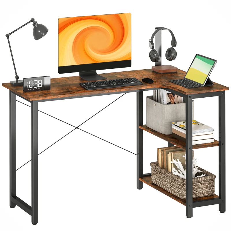 HOMCOM L Shaped Desk, Corner Computer Desk with Bookshelf for Home Office, Study Room, Workstation, 120 x 73.2 x 75cm, Rustic Brown