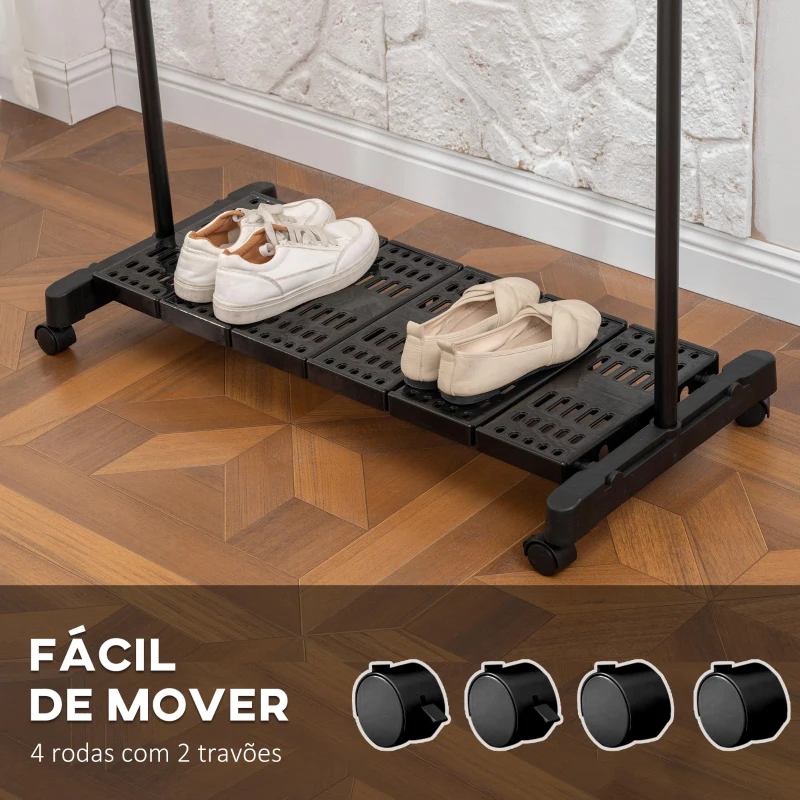 HOMCOM Charriot com Rodas com Barra de Aço Inoxidável e Prateleira para Sapatos Altura Ajustável 94-159x42x93-168 cm Preto