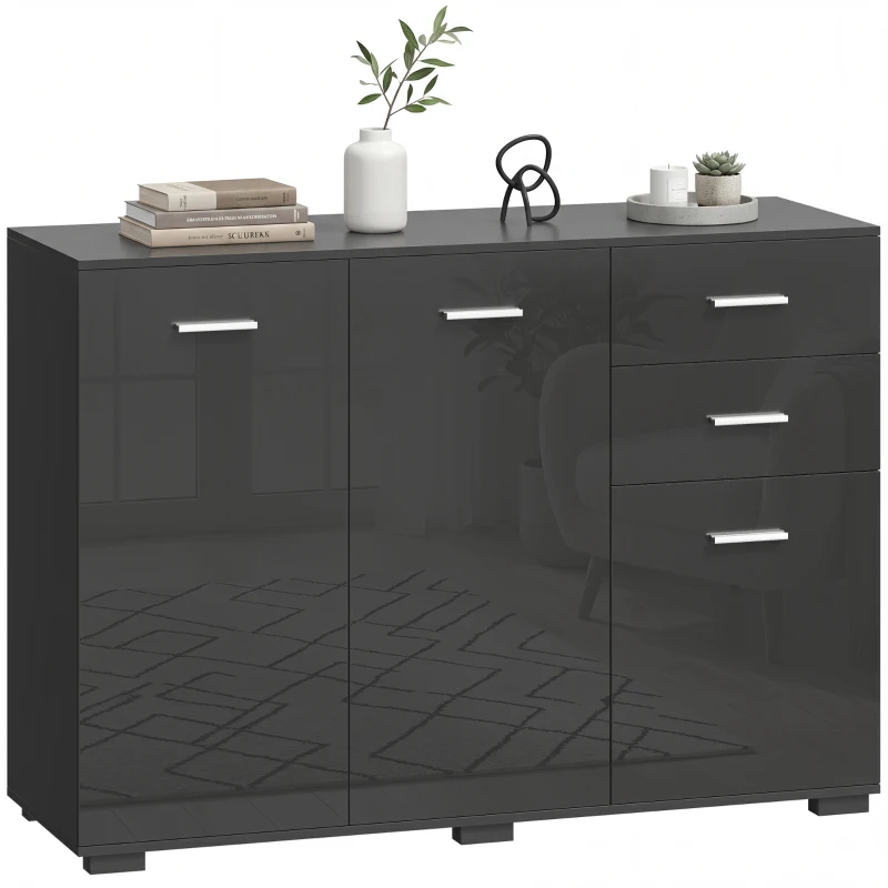 HOMCOM Sideboard, Modern Storage Cabinet with 2 Drawers, 3 Doors and Adjustable Shelves, High Gloss Black