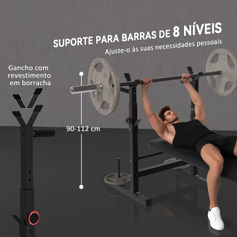 HOMCOM Banco de Pesos Multifuncional Dobrável com Suporte para Barras Ajustável e Estação de Dips 98-122x140x73 cm Preto