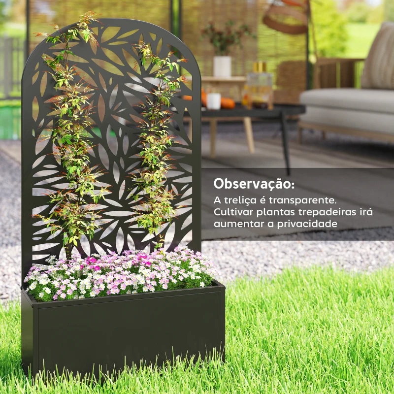 Outsunny Floreira com Painel Decorativo Curvo de Folhas em Metal e Opção de Montagem na Parede 61x23x113 cm Preto