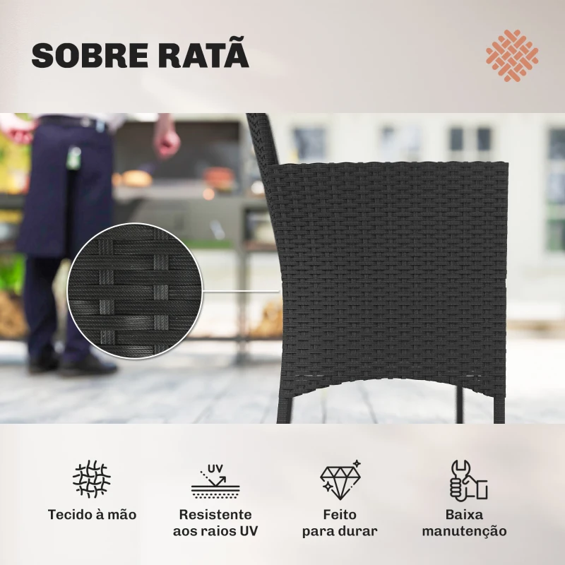 Outsunny Conjunto de Móveis de Jardim em Vime Sintético com Sofá Poltronas e Mesa de Vidro Temperado com Almofadas Preto e Creme