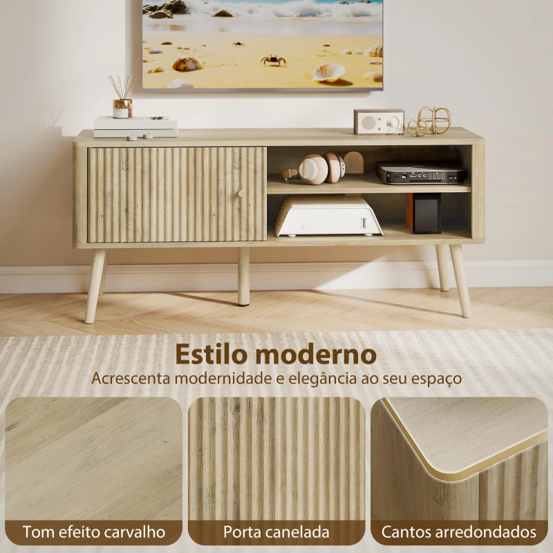 HOMCOM Móvel de TV para Televisão até 55 Polegadas com Porta Acanalada Prateleira Ajustável Compartimentos Abertos 115x35x49 cm Carvalho