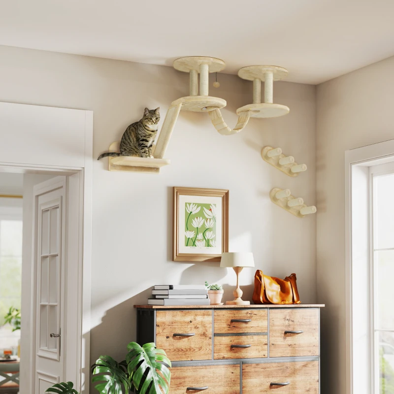 PawHut Cat Wall Shelves, 3PCs Cat Wall Funiture with Scratching Post, Perches, Ladder, Steps, Scratching Board, Ceiling Wall Mounted Cat Shelves for Indoor Cats, Kitten, Beige