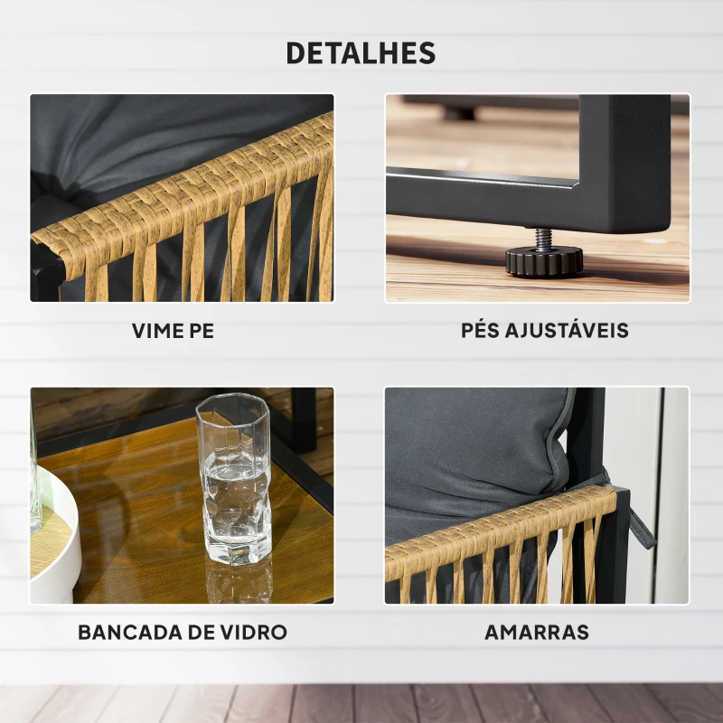 Outsunny Conjunto de Jardim Exterior de Vime Sintético com 2 Poltronas 1 Sofá de 2 Lugares 1 Mesa de Centro e Almofadas Cinzento