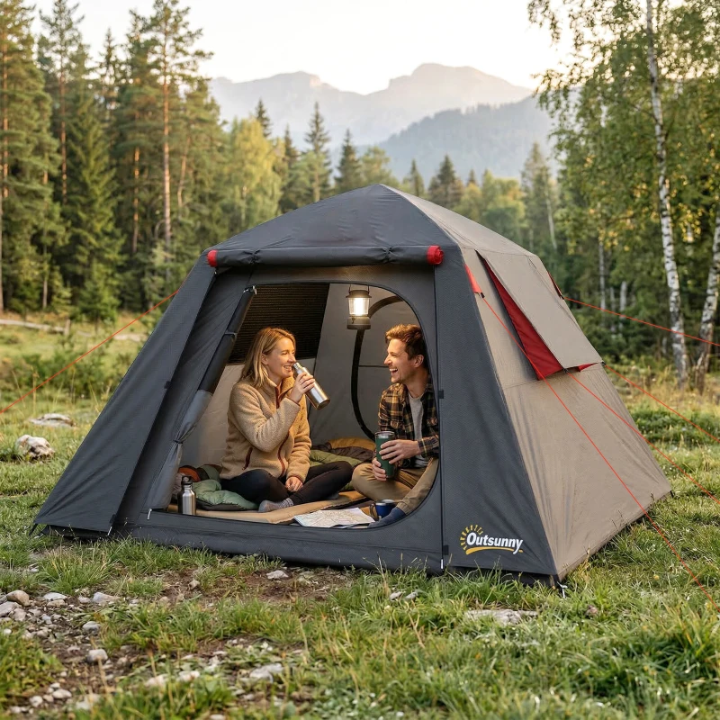 Outsunny Tente de Camping Dôme 2 Personnes 3-4 Saisons Imperméable 3000mm Montage Facile 2 Portes 210x210x150cm Gris Foncé