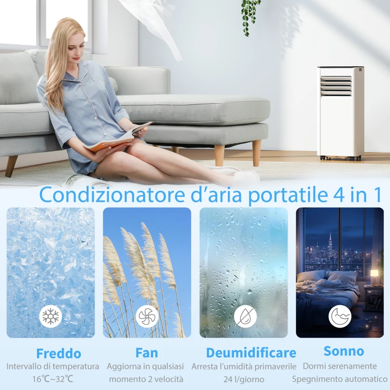 HOMCOM Condizionatore Portatile 9000 BTU con Raffreddamento, Deumidificatore, Ventilatore e Modalità Notte