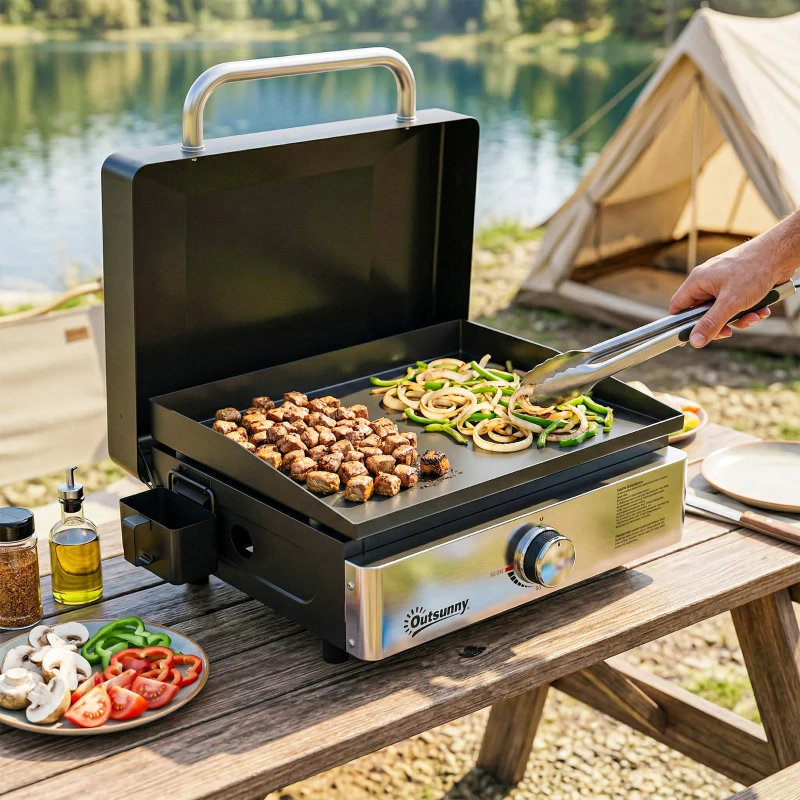 Outsunny Grill Griddle, Portable Gas Plancha, 3.5 kW, Tabletop Gas BBQ with Grease Cup for Camping Picnic Patios, Black