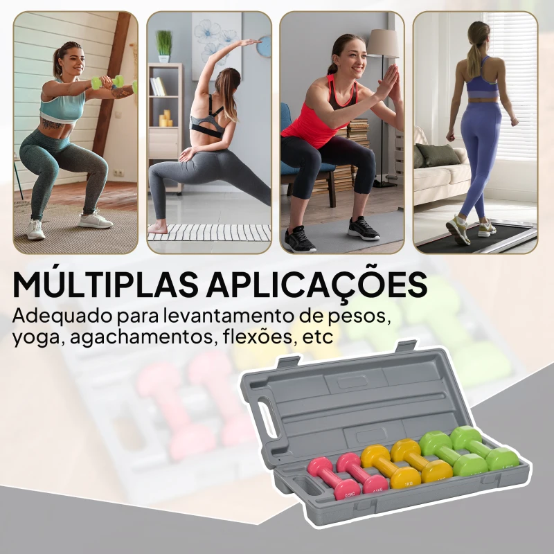 HOMCOM Conjunto de Halteres de 6 Peças Total de 6 kg, 2x1,5 kg, 2x1 kg e 2x0,5 kg, Halteres Hexagonais com Revestimento de PU com Mala para Exercícios em Casa, Ginásio, Multicolor