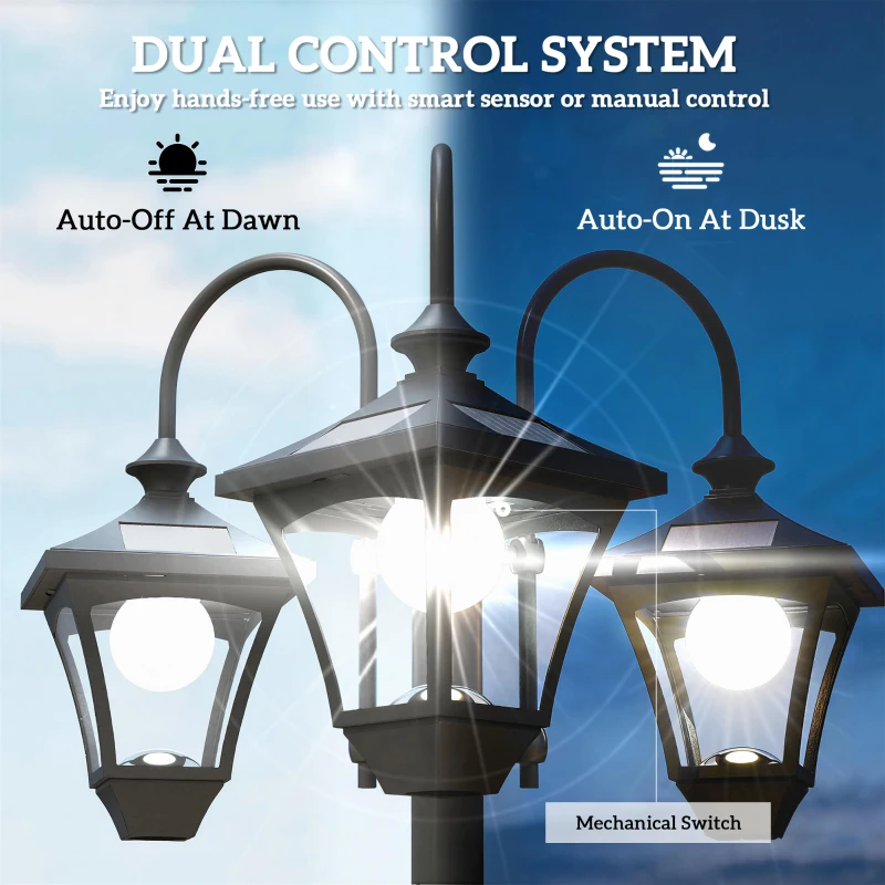 Outsunny Solar Lamp Post with Dusk-to-Dawn Sensor Street Light with 3-Head Planter 185 cm Black