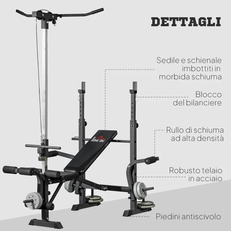 HOMCOM Panca Fitness con Leg Press, Squat Rack e Leg Extension, in Acciaio e PU, 180x134x200 cm, Nero e Argento