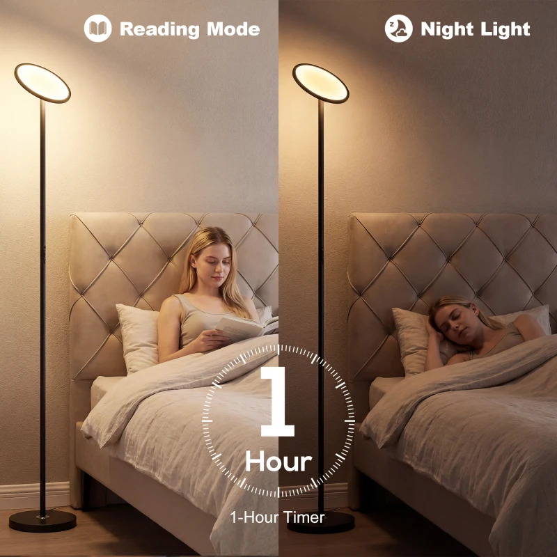 HOMCOM Uplighter Floor Lamp with Tuya App and Music Sync, Standing Lamp with Adjustable Head for Living Room Bedroom, Black